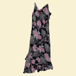 Black and pink floral, slip dress, ruffles/layered, straps midi